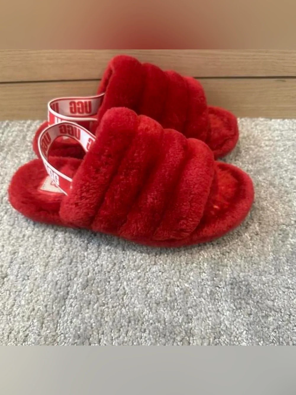 UGG Red Plush Slide Sandals with Logo Heel Strap